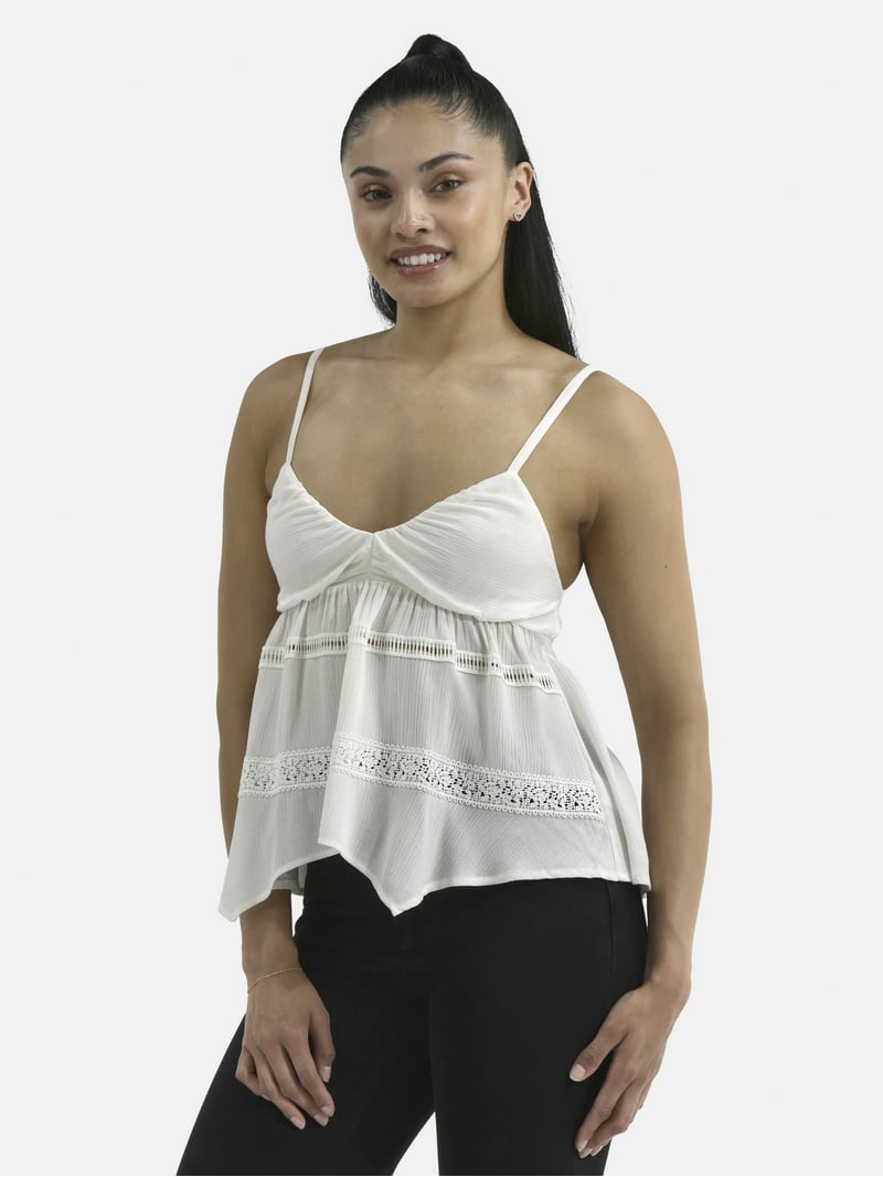 No Boundaries Women's Hanky Hem Cami with Lace, Adjustable Straps