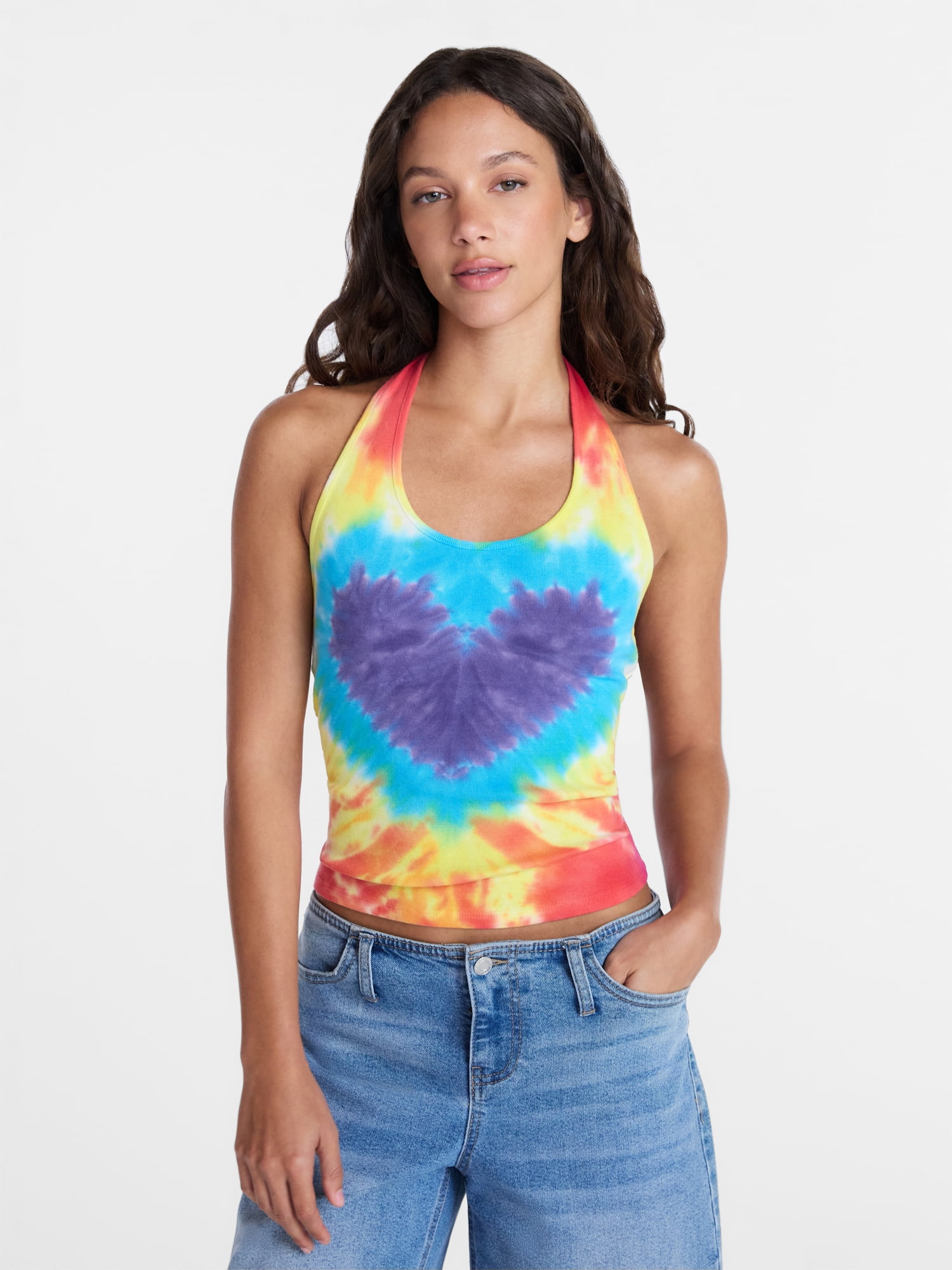 No Boundaries Pride Heart Tie Dye Halter Cotton Tank Top, Women's XXS-XXL