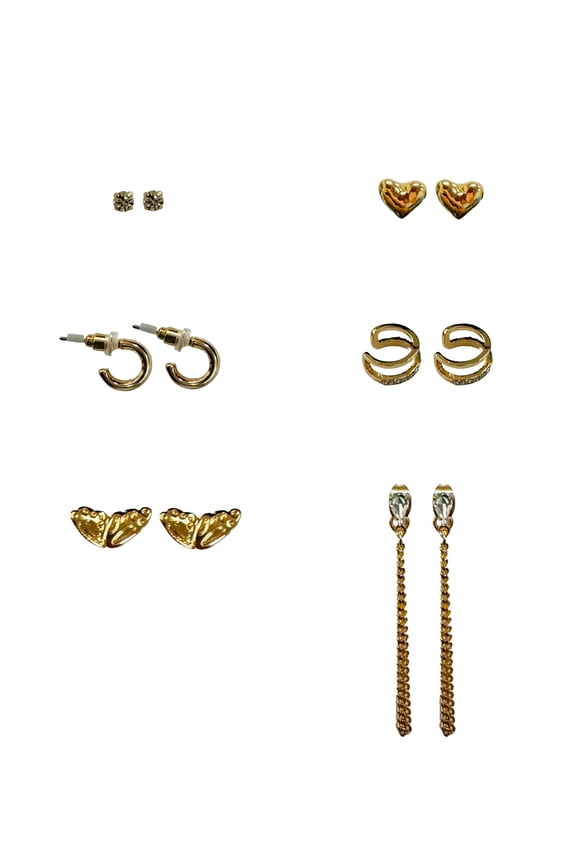 Heart and Butterfly Hoops and Studs Gold Ear Candy Earrings for Female Adults and Teens, 6 Pack