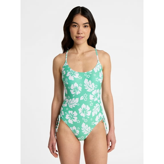No Boundaries Hibiscus Printed One-Piece Swimsuit, Women’s
