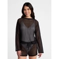 thumbnail image 1 of No Boundaries Women's High-Low Crochet Long-Sleeve Swim Coverup, Rich Black, 1 of 5
