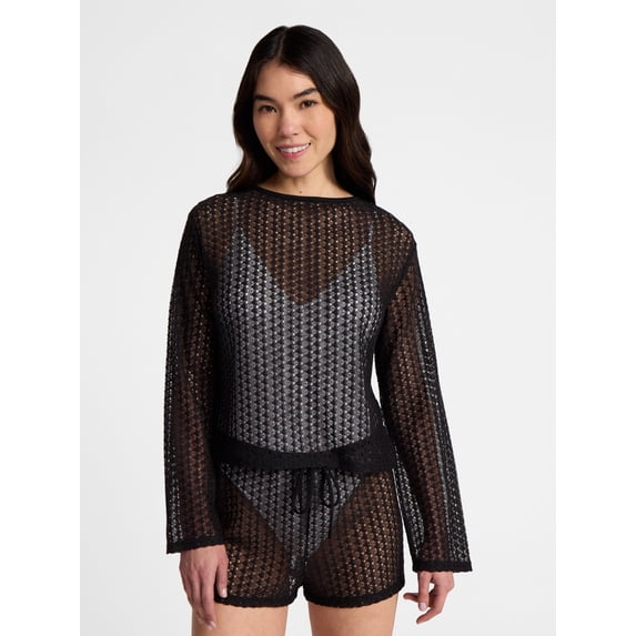 No Boundaries Women's High-Low Crochet Long-Sleeve Swim Coverup, Rich Black
