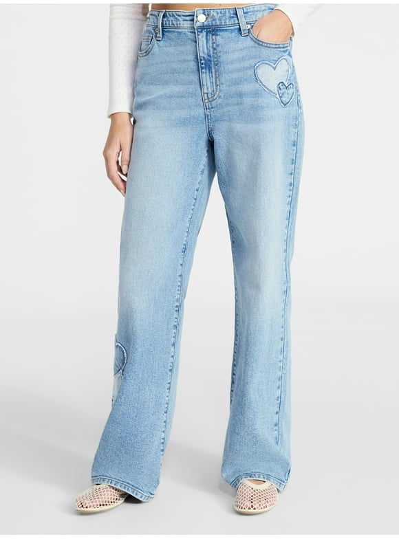 High Rise Baggy Wide Leg Jeans with Heart Patch, 32'' Inseam, Women’s and Women's Plus XXS-4X