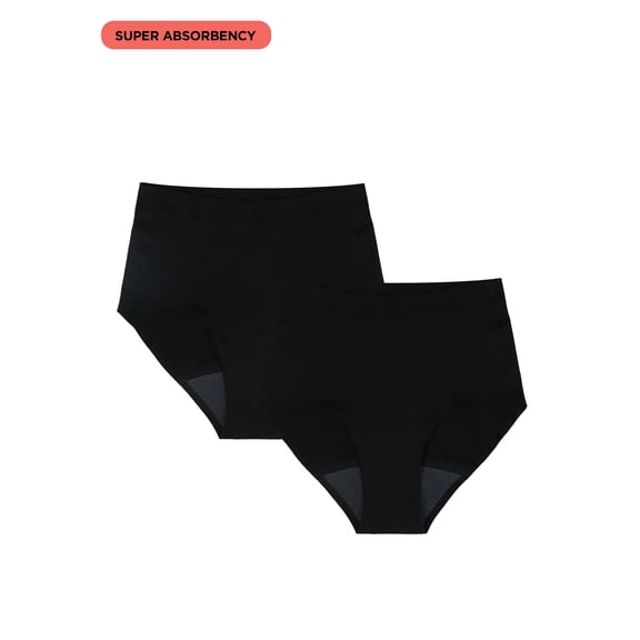 No Boundaries High-Rise Brief Super Absorbency Period Underwear, 2-Pack, Women’s Sizes XS-XXL