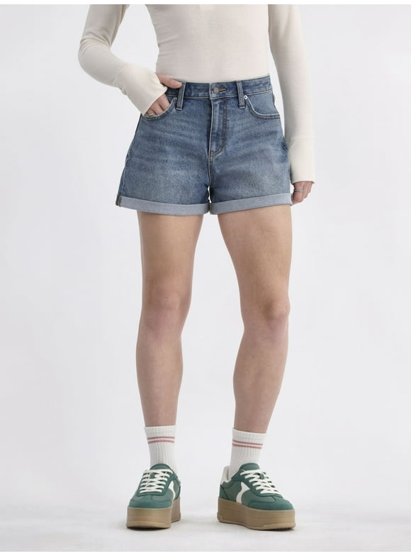 High Rise Denim Rolled Cuff Shorts, 3'' Inseam, Women's