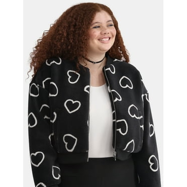 No Boundaries Himalayan Heart Print Plush Bomber Jacket, Heavyweight, Women's Plus