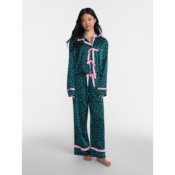 No Boundaries Holiday Satin Top and Pants Sleepwear Set, 2 Piece, Women's XS-XXL