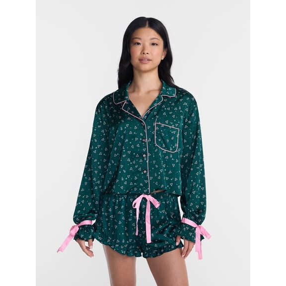 No Boundaries Holiday Satin Top and Shorts Sleepwear Set, 2 Piece, Women's XS-XXL