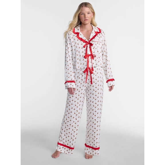 No Boundaries Holiday Satin Top and Pants Sleepwear Set, 2 Piece, Women's XS-XXL