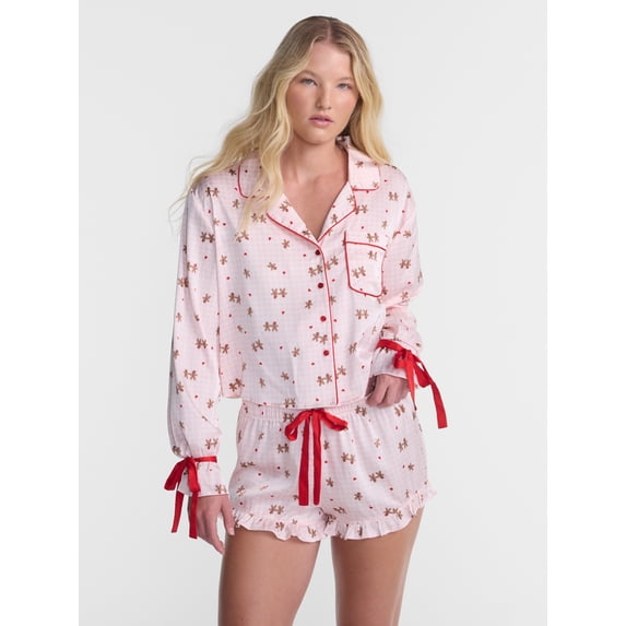 No Boundaries Holiday Satin Top and Shorts Sleepwear Set, 2 Piece, Women's XS-XXL