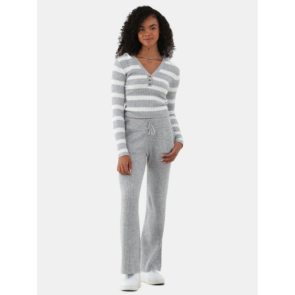 No Boundaries Hooded Henley and Pants Sweater Set, 2-Piece, Women’s