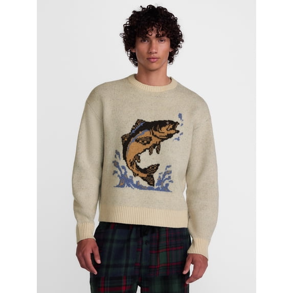 No Boundaries Fish Intarsia Graphic Sweater, Men's Sizes XS-4XLT