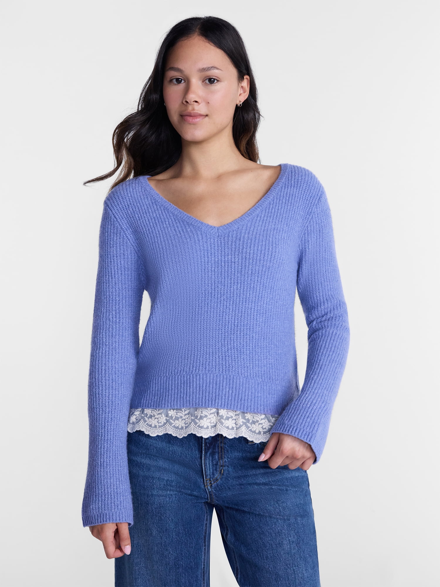 No Boundaries V-Neck Pullover Sweater with Lace Trim, Women's, Sizes XS-XXXL