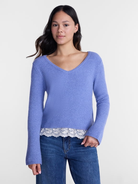 V-Neck Pullover Sweater with Lace Trim, Women's, Sizes XS-XXXL