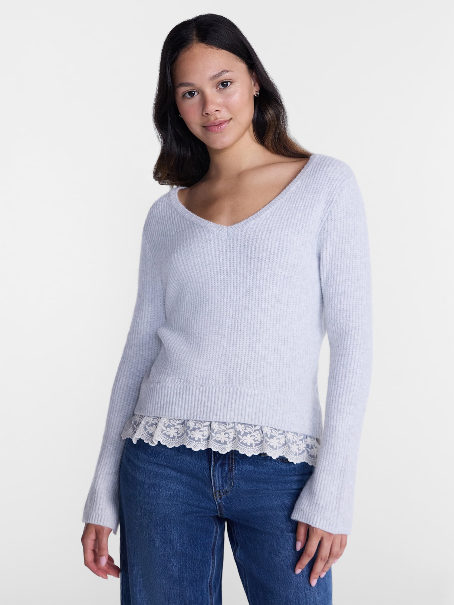 No Boundaries V-Neck Pullover Sweater with Lace Trim, Women's, Sizes XS-XXXL