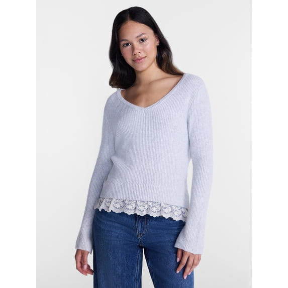 No Boundaries V-Neck Pullover Sweater with Lace Trim, Women's, Sizes XS-XXXL