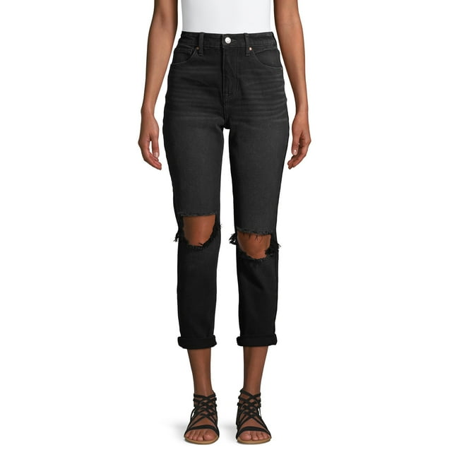 No Boundaries Junior Womens' Super High Rise Destructed Relaxed Mom Jeans