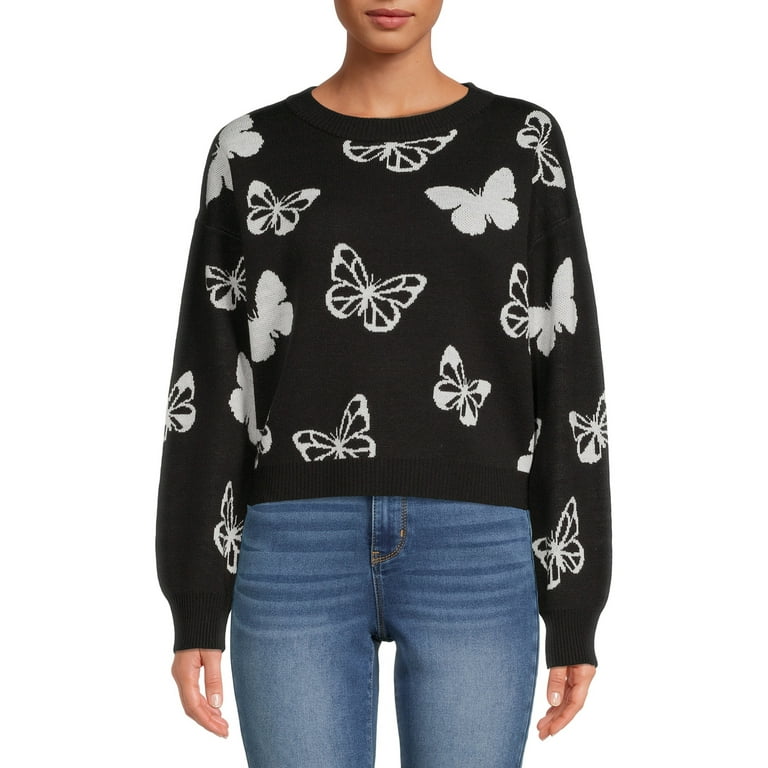 No Boundaries Junior's Cropped Butterfly Sweater, Crewneck