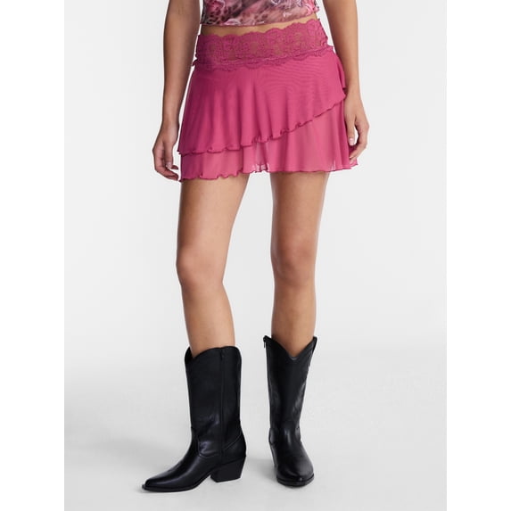No Boundaries Lace Trim Mesh Mini Skort, Women’s XXS-XXL