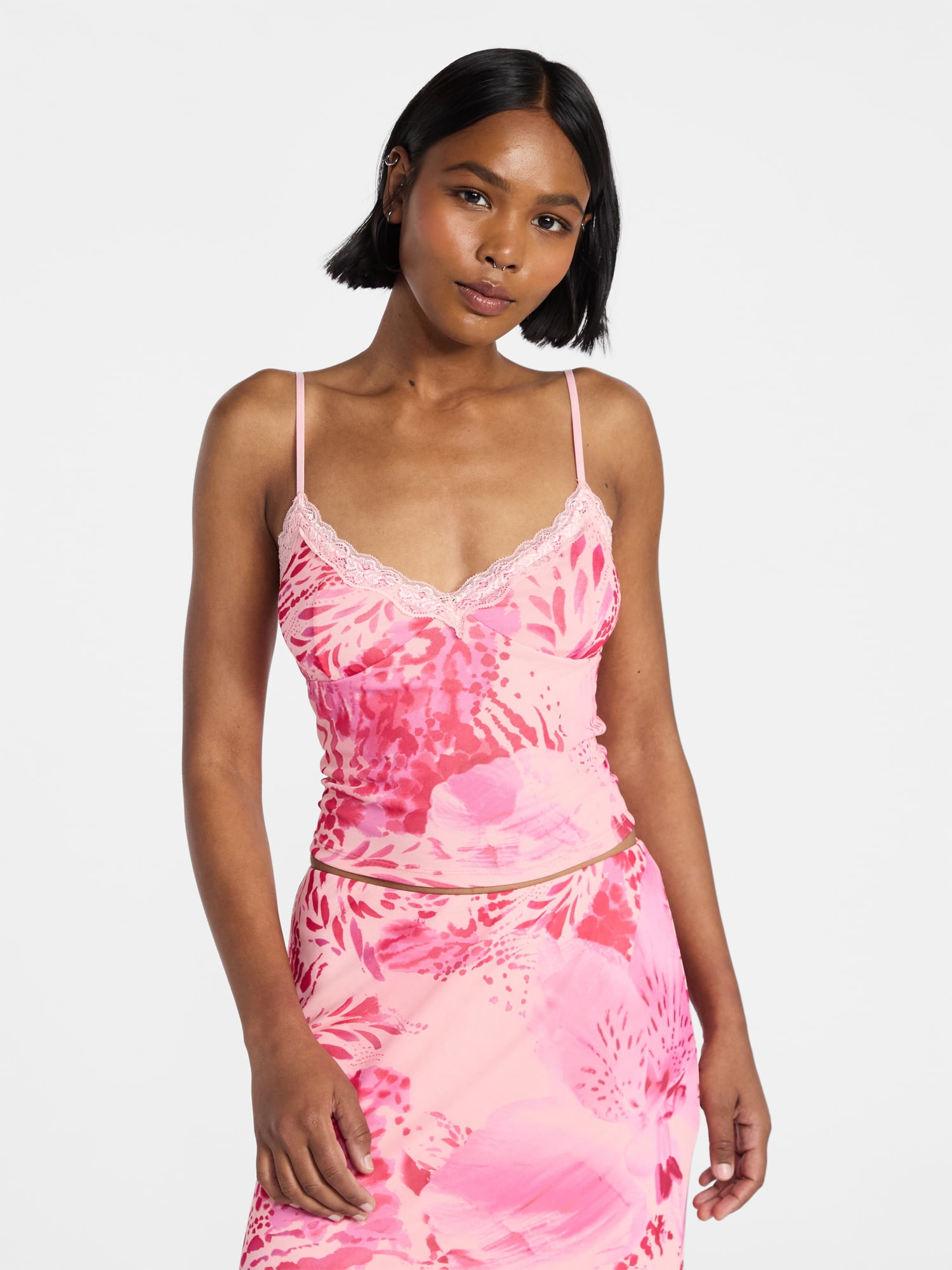 No Boundaries Lace Trim Mesh Camisole Top, Women's XXS-XXL