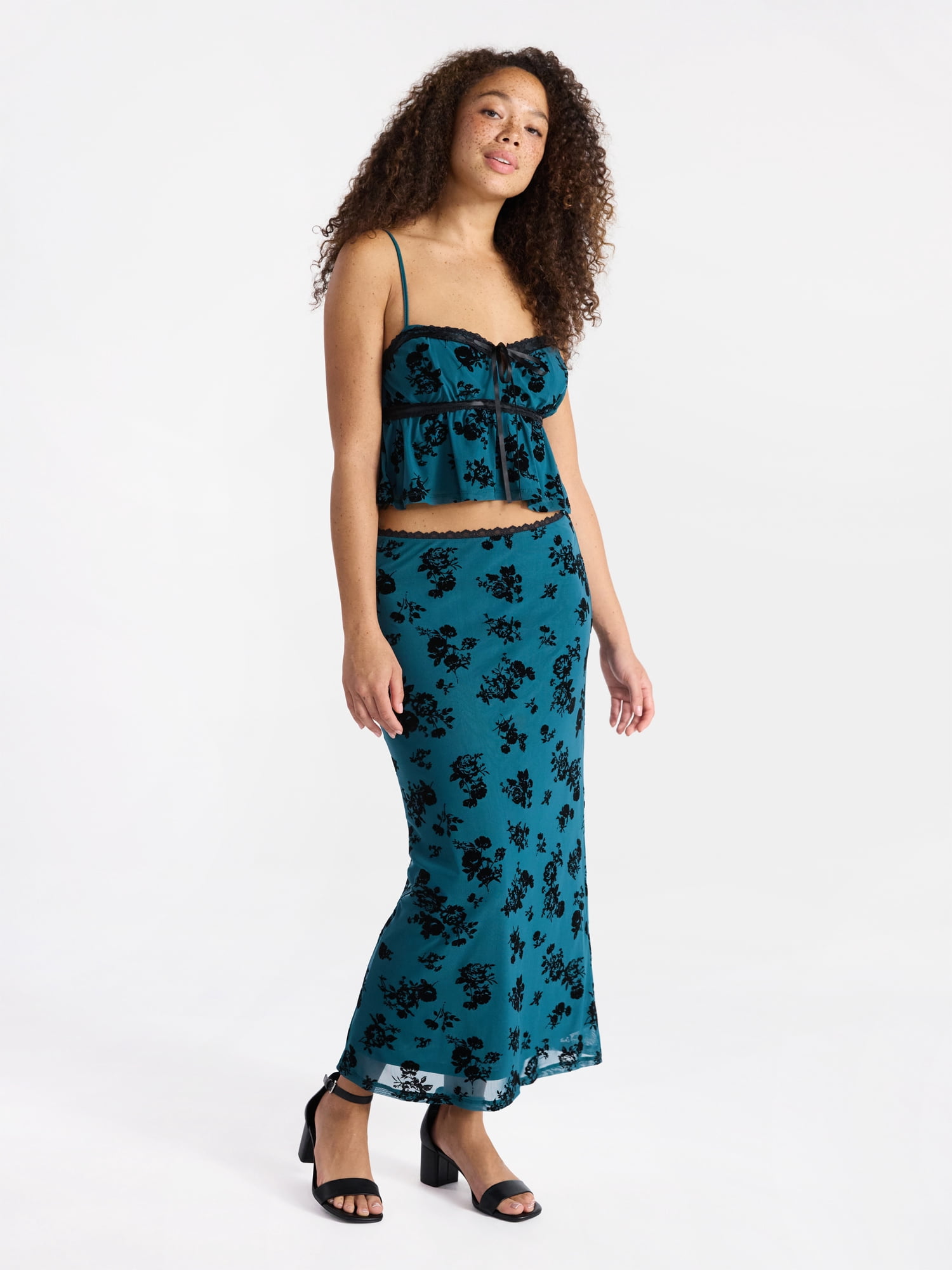 No Boundaries Satin Trim Cami and Maxi Skirt Set, 2-Piece, Women’s
