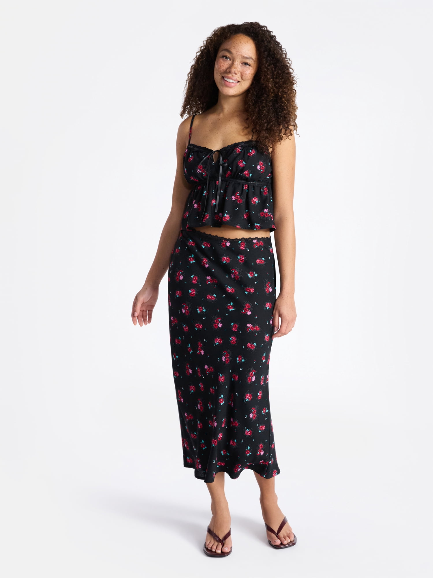 No Boundaries Satin Trim Cami and Maxi Skirt Set, 2-Piece, Women’s