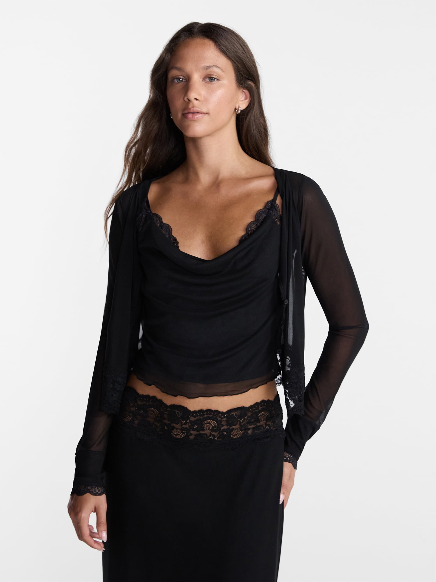 No Boundaries Cowl Neck Tank Top and Cardigan Set with Lace Trim, 2 Piece, Women’s XXS-XXL