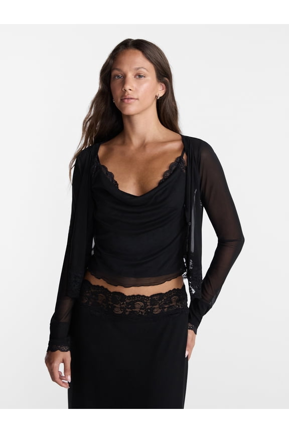 Cowl Neck Tank Top and Cardigan Set with Lace Trim, 2 Piece, Women’s XXS-XXL