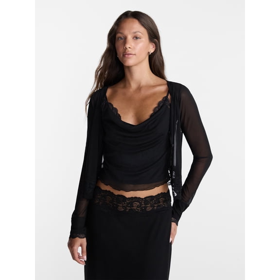 No Boundaries Cowl Neck Tank Top and Cardigan Set with Lace Trim, 2 Piece, Women’s XXS-XXL