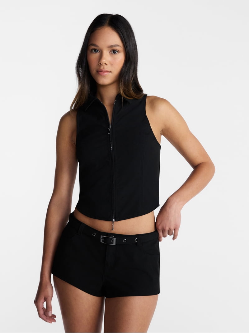 No Boundaries Zip Front Vest, Black, XL, Female, 67% Polyester