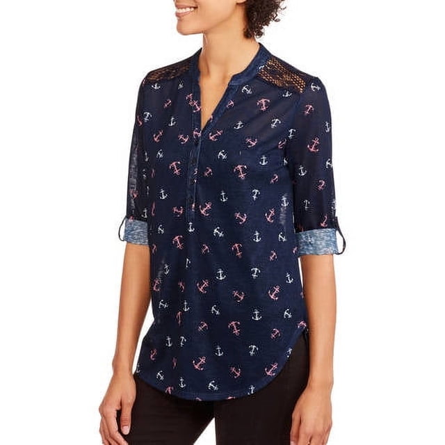 No Boundaries Juniors' 3/4 Tab Sleeve Henley Tunic Top