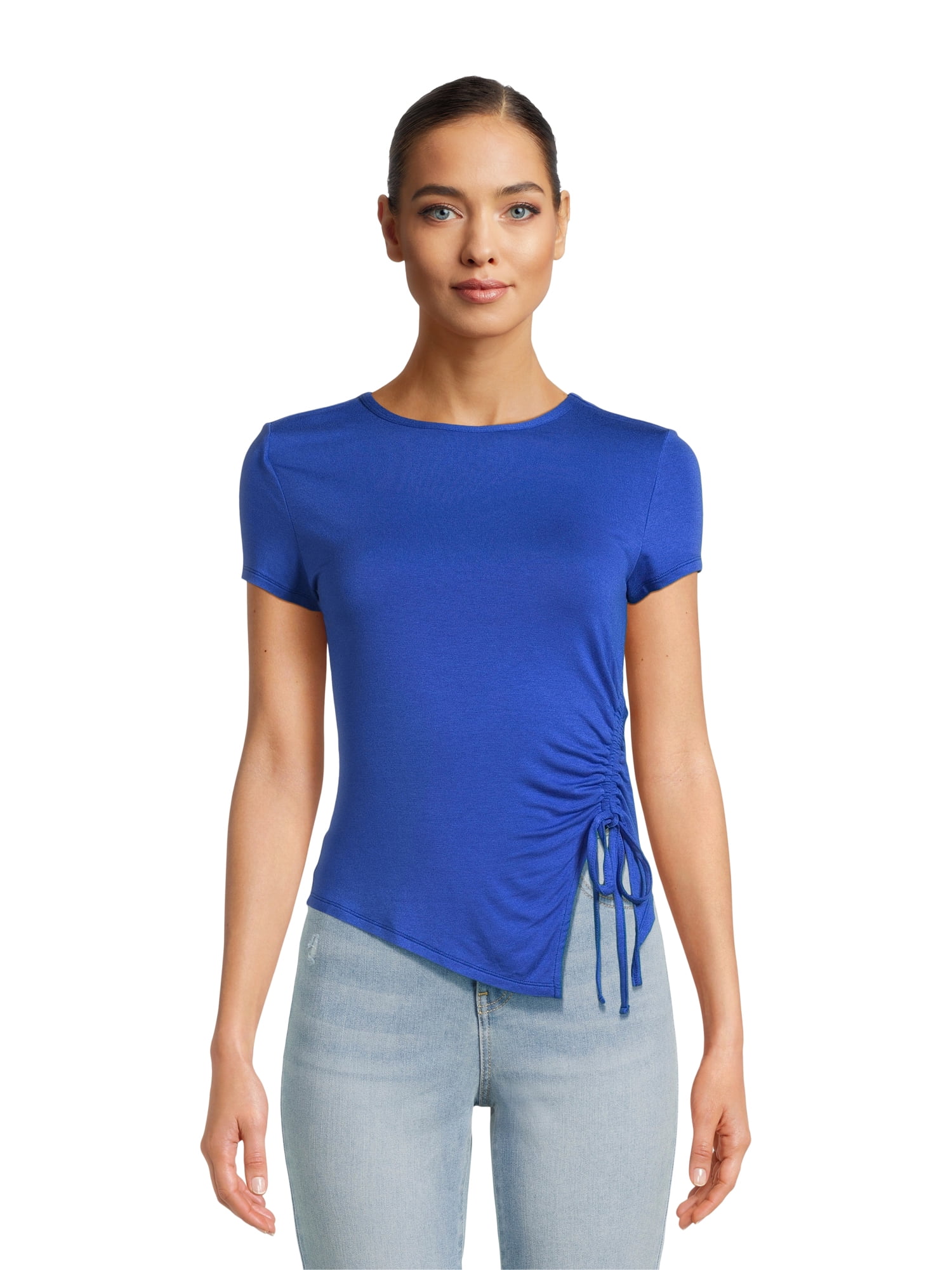 No Boundaries Juniors’ Asymmetric Hem Tee with Short Sleeves, Sizes XS