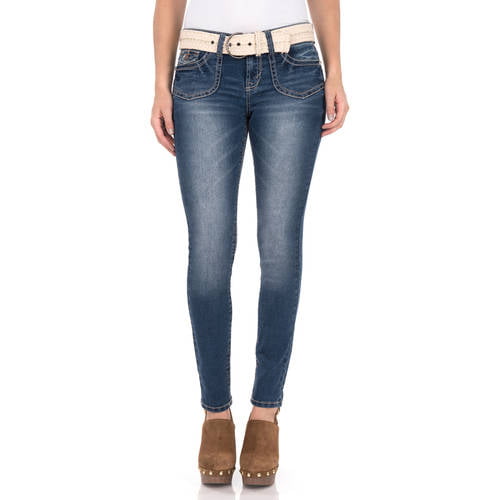No Boundaries Juniors' Belted Skinny Jeans W/embellishment - Walmart.com