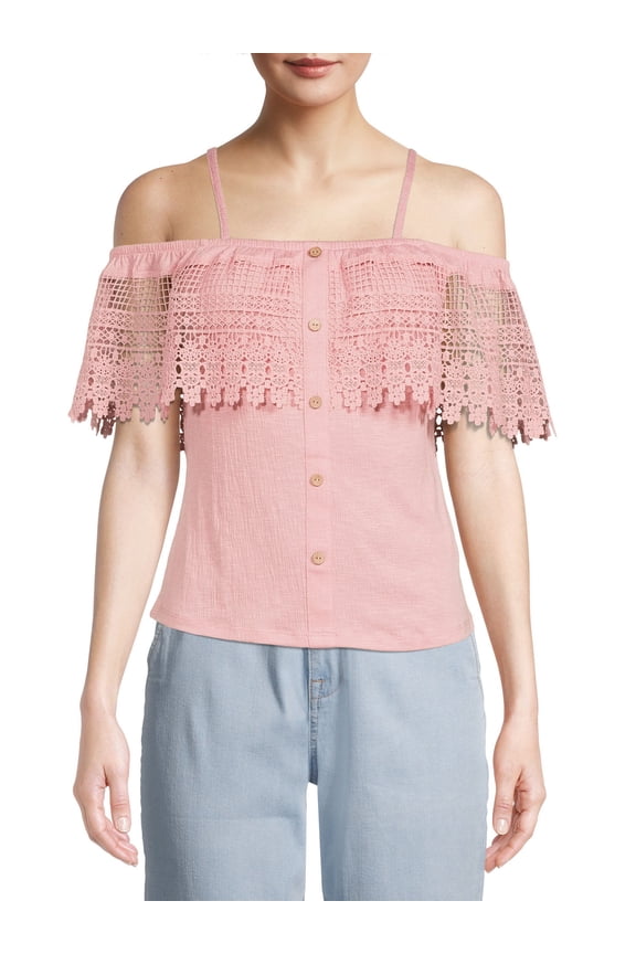 Juniors Button Front Off The Shoulder Top