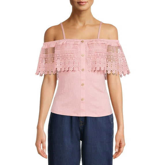 No Boundaries Juniors Button Front Off The Shoulder Top