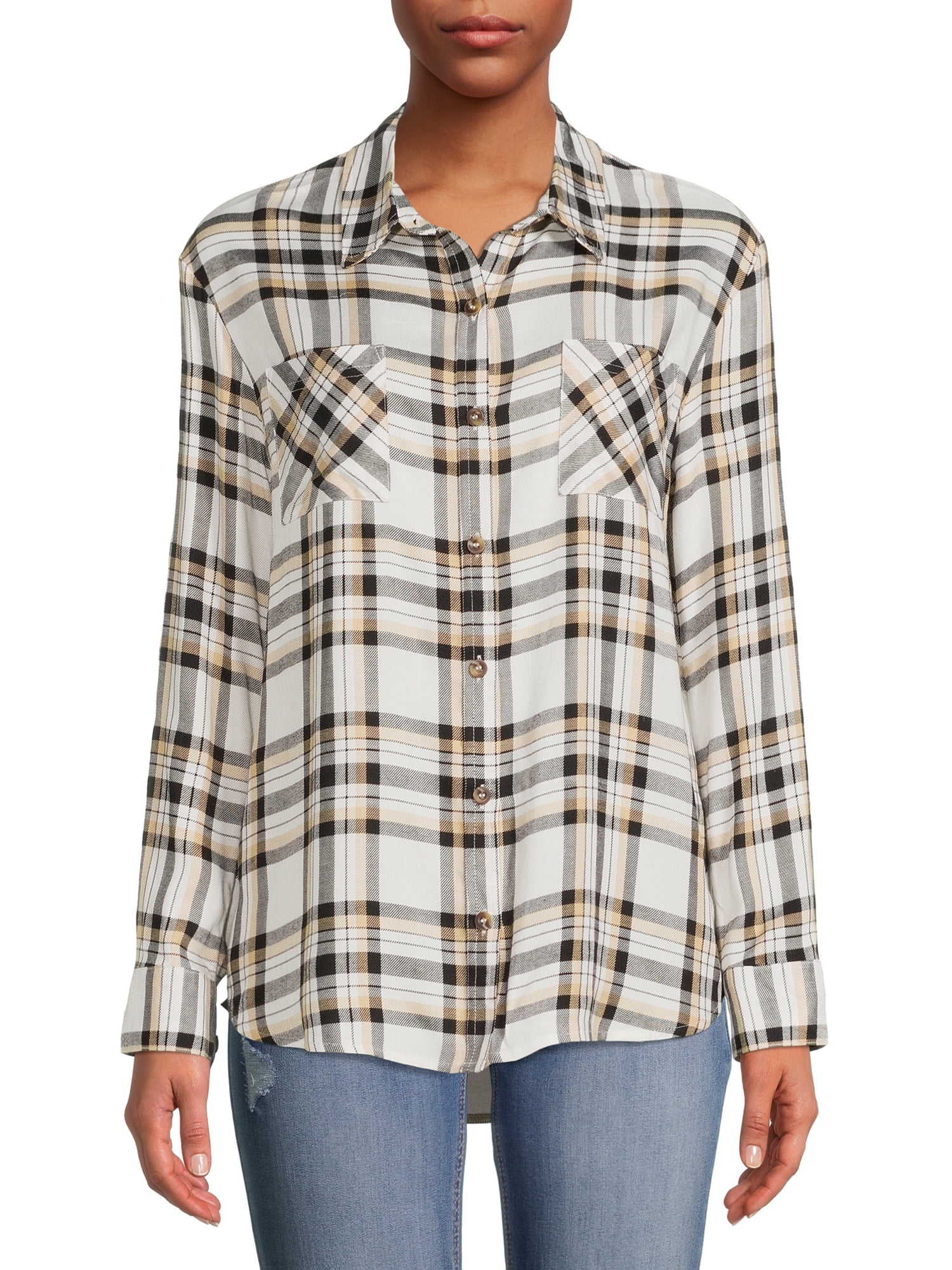 No Boundaries Juniors' Button-Front Plaid Shirt