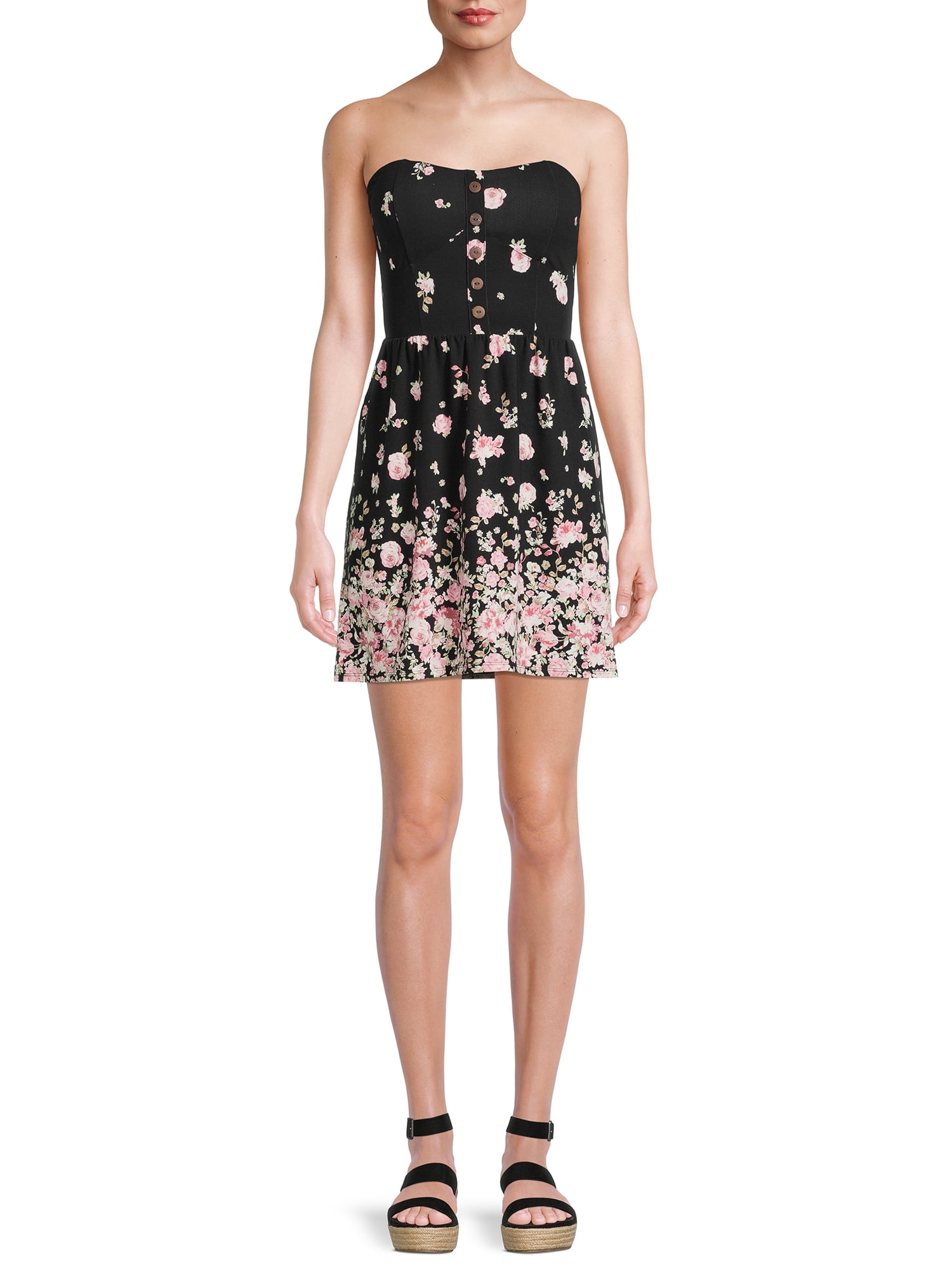 No Boundaries Juniors Floral A-Line Strapless Button-Front Dress