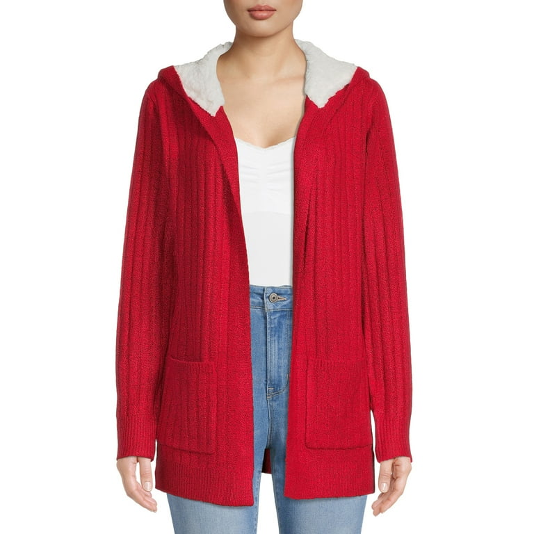 No Boundaries Juniors Cardigan Sweater with Faux Sherpa Hood
