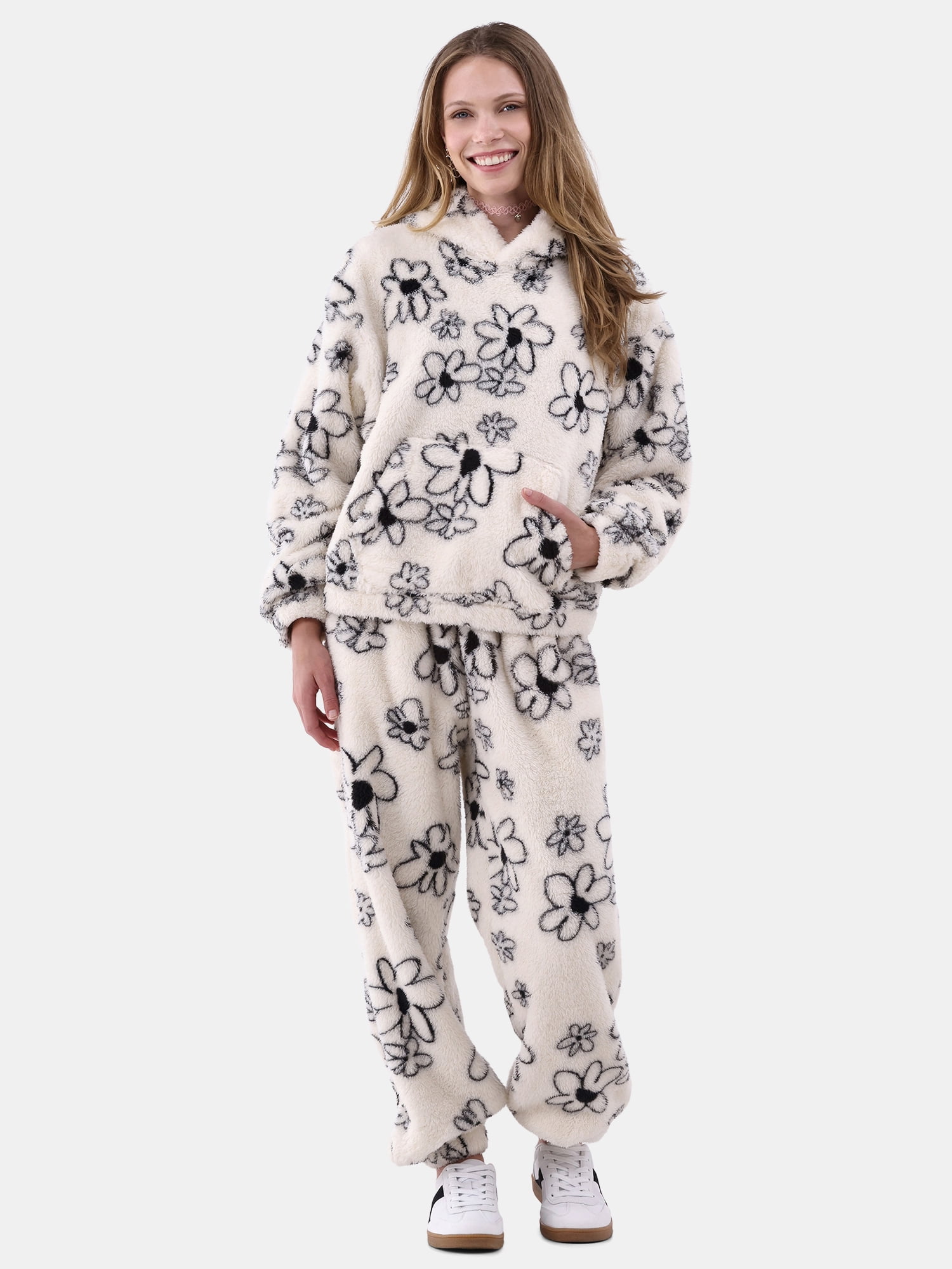 No Boundaries Print Plush Hoodie and Joggers Set, 2Piece, Women’s and