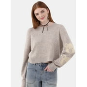 No Boundaries Crewneck Pullover Motif Sleeve Sweater, Women’s and Women’s Plus