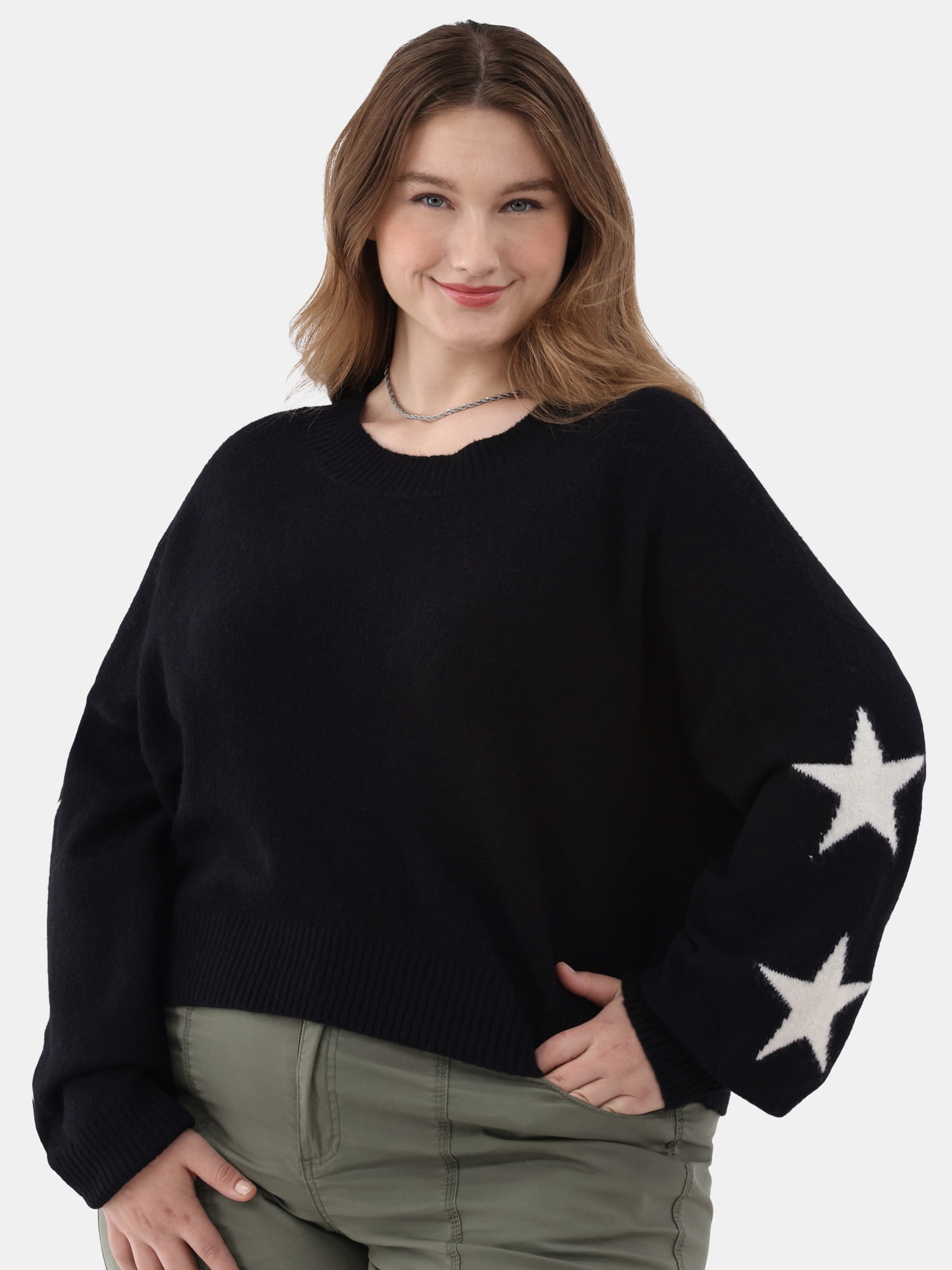 No Boundaries Crewneck Pullover Motif Sleeve Sweater, Women’s