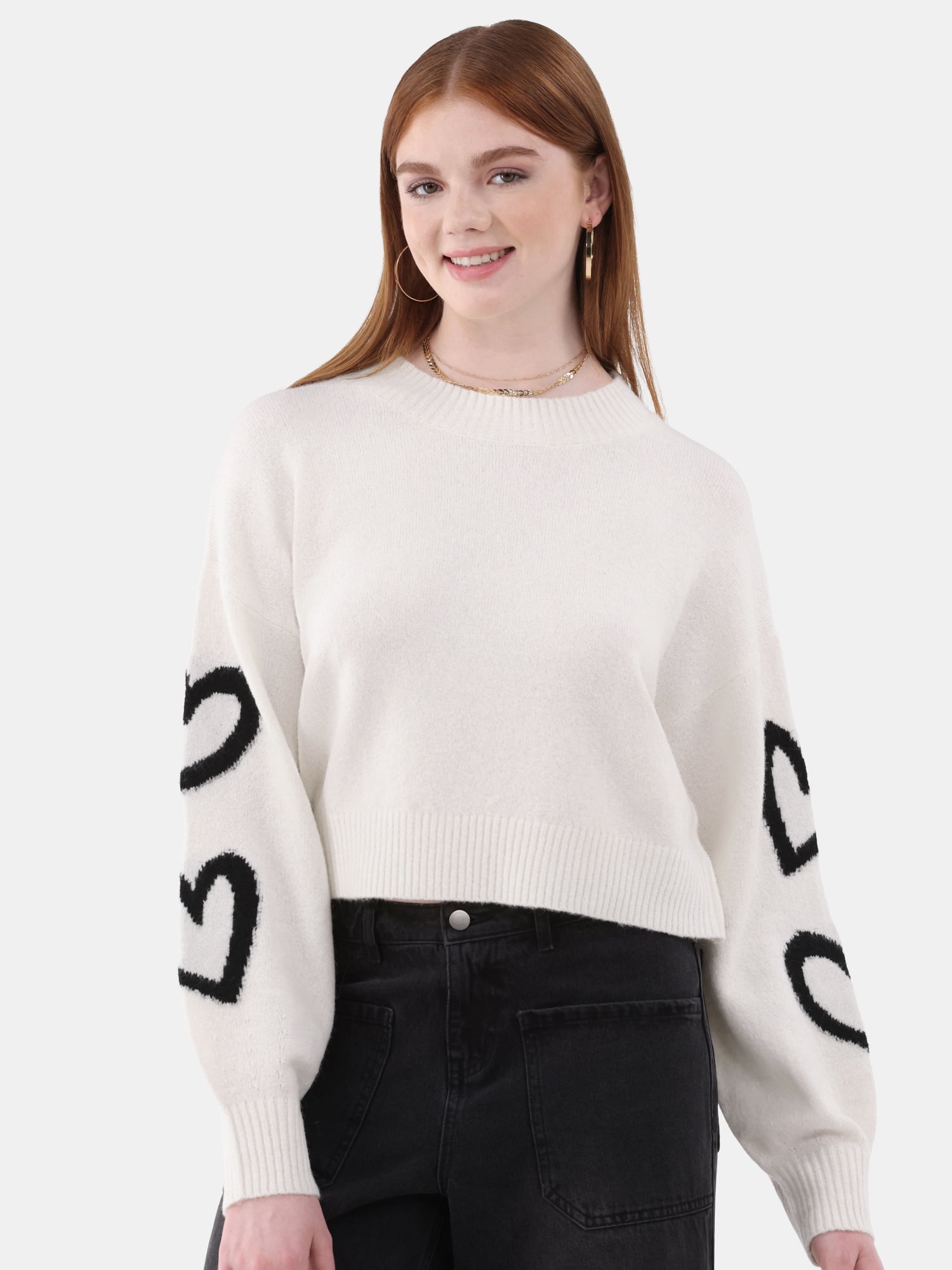 No Boundaries Crewneck Pullover Motif Sleeve Sweater, Women’s
