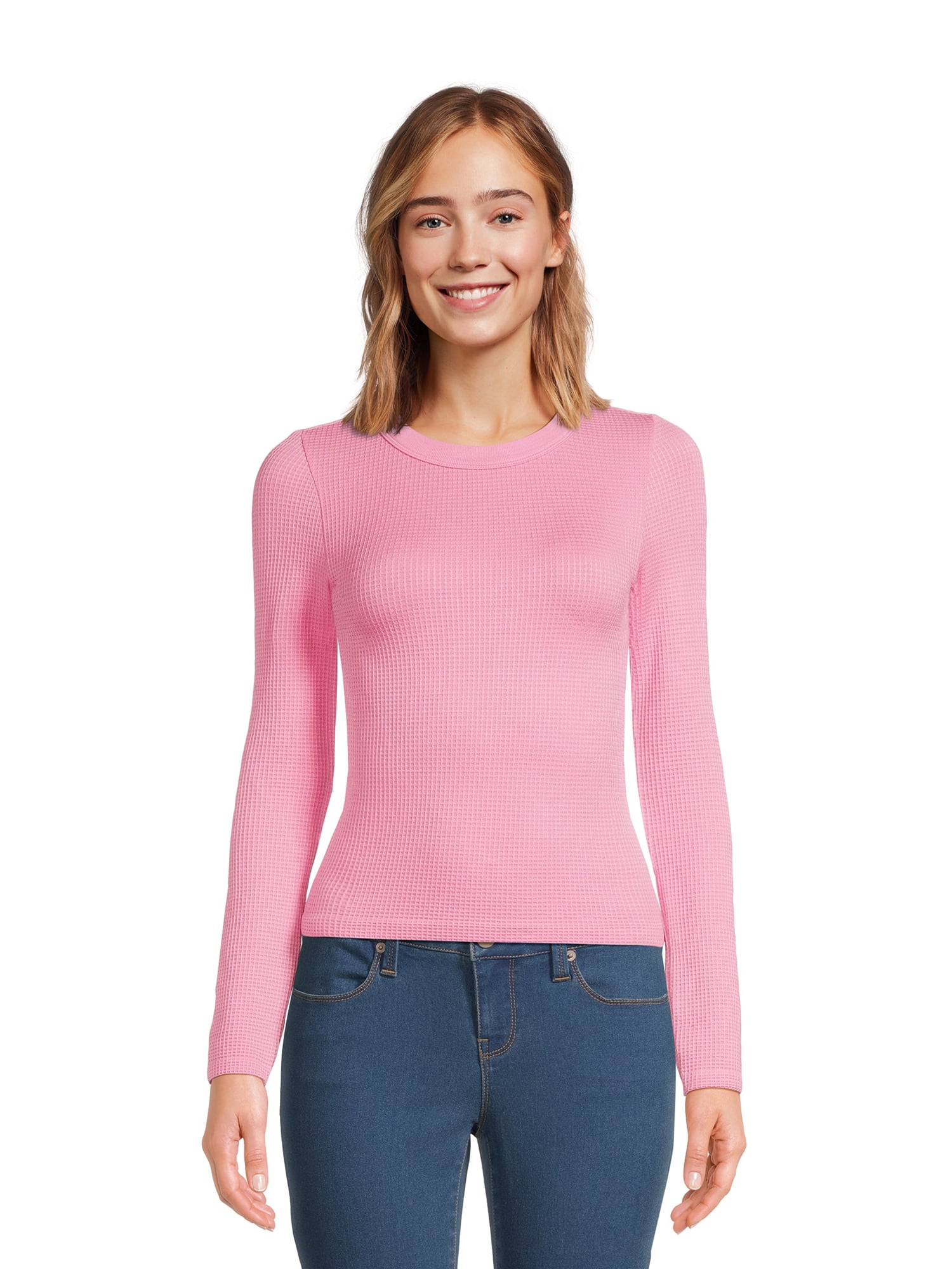 No Boundaries Juniors' Crewneck Waffle Tee with Long Sleeves