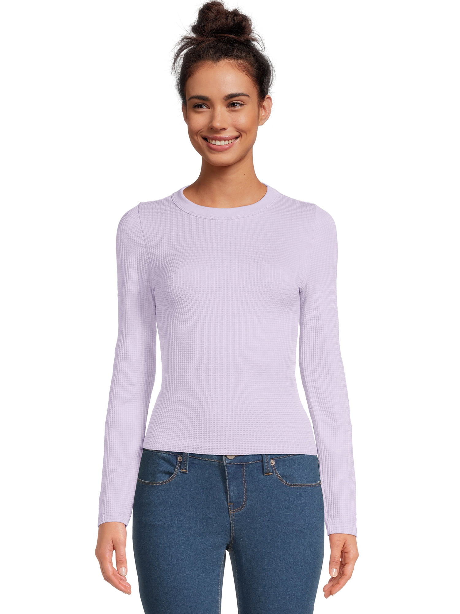 No Boundaries Juniors’ Crewneck Waffle Tee with Long Sleeves, Sizes XS-XXL