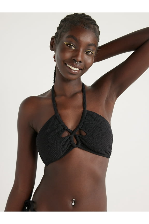 Juniors’ Crinkle Halter Bandeau Bikini Top, Sizes XS-XXL