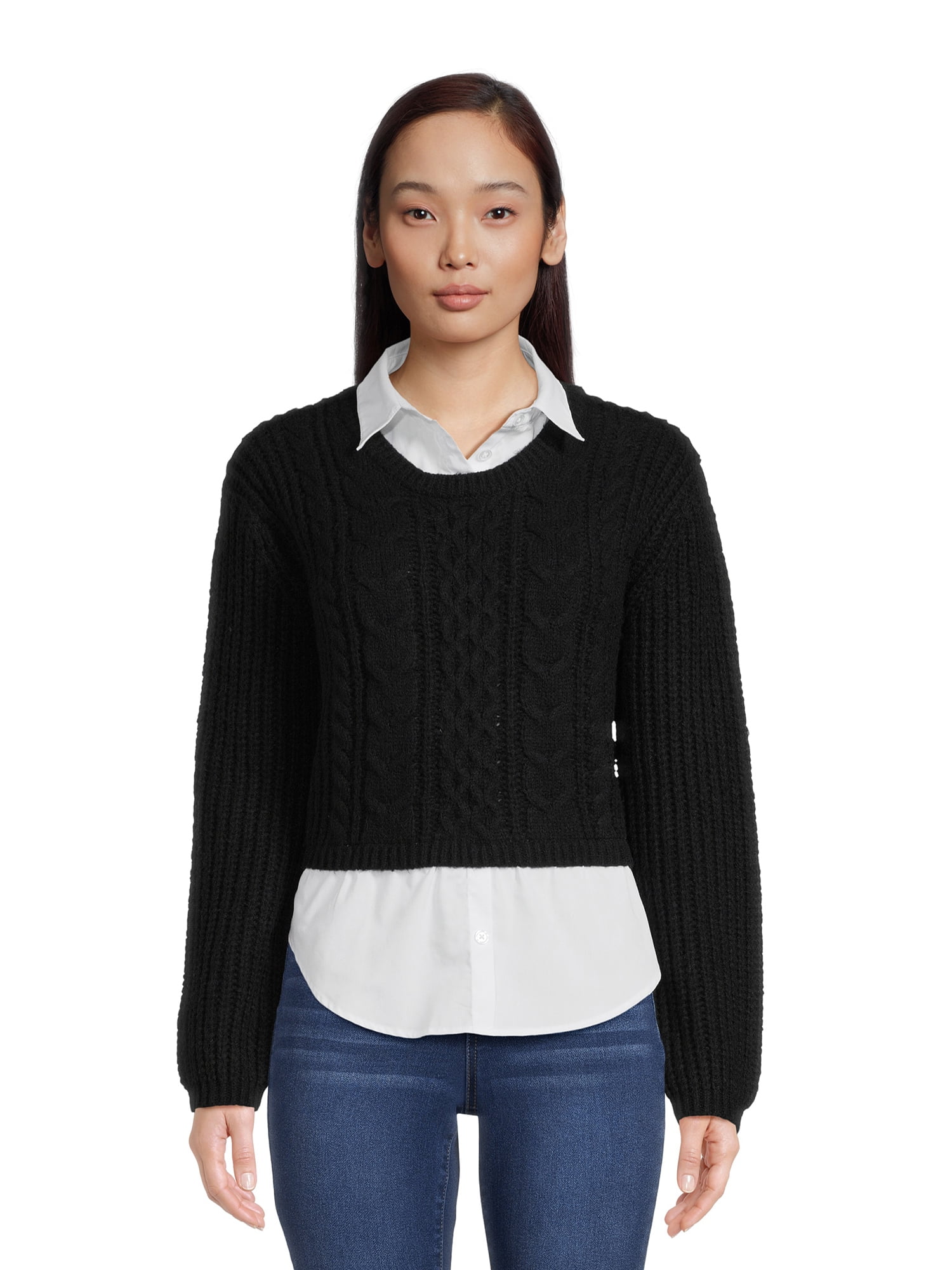 No Boundaries Juniors Cropped Cable Knit Sweater Twofer - Walmart.com