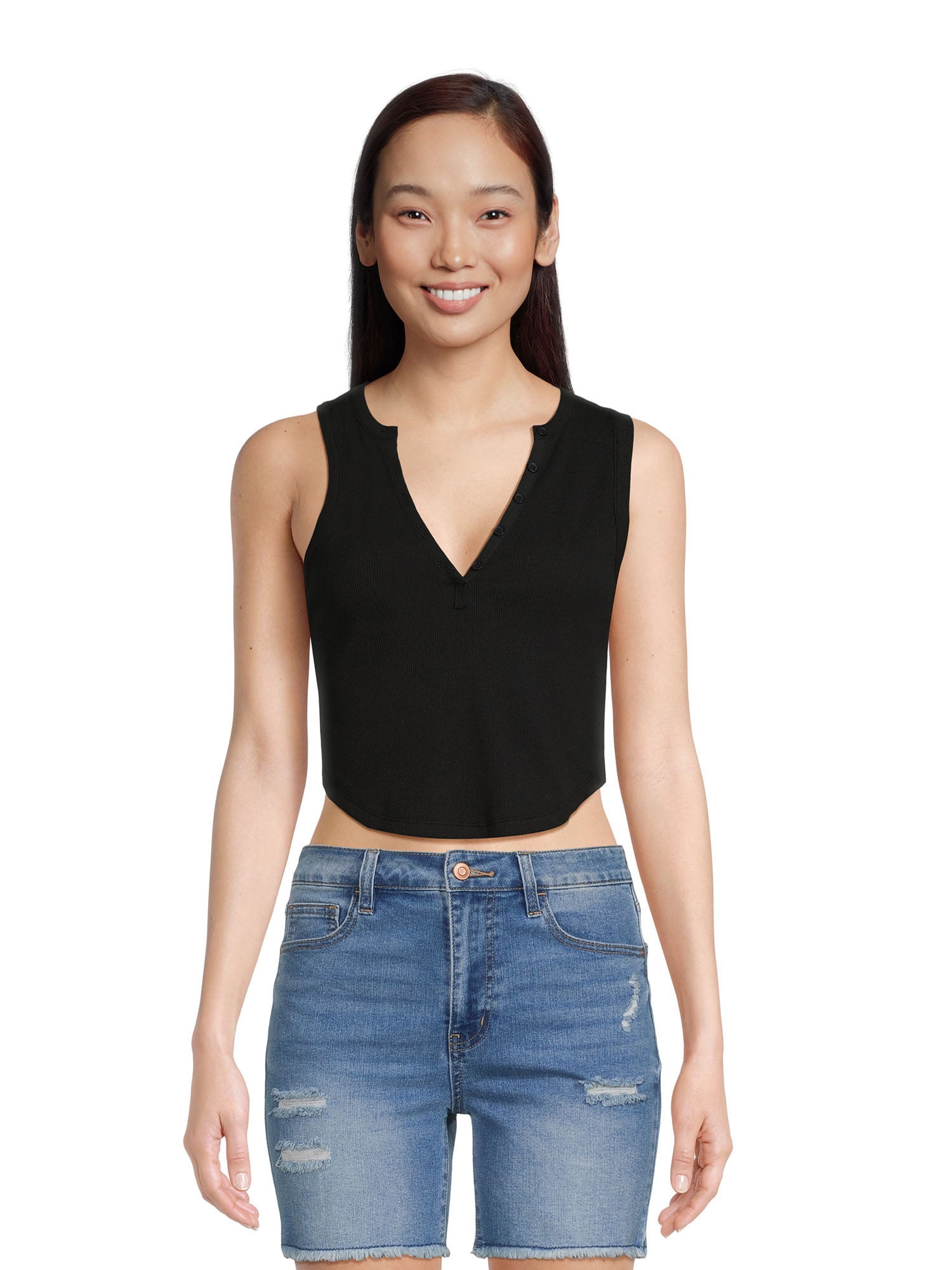 No Boundaries Juniors' Cropped Henley Tank Top, Sizes XSXXXL