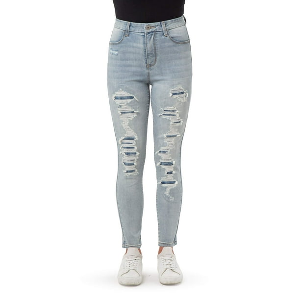 No Boundaries Juniors' Destructed Curvy High Rise Ankle Skinny Jeans ...