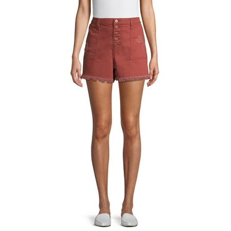No Boundaries Juniors' Exposed Button Chop Pocket Mid-Rise Shorts