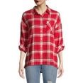 thumbnail image 1 of No Boundaries Juniors Faux Sherpa Lined Plaid Flannel Top, 1 of 6